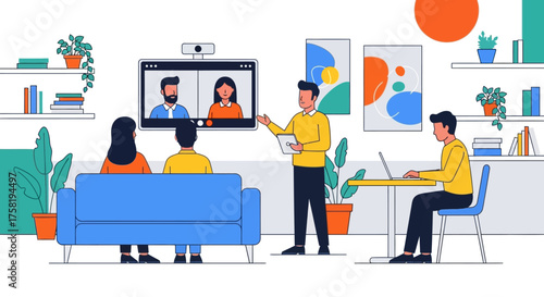 Illustration of a Video Conference Meeting in a Modern Room.