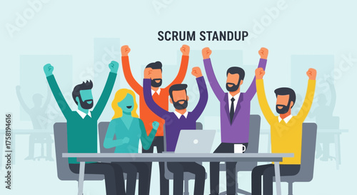 Team Celebrating Success During Scrum Standup Meeting.