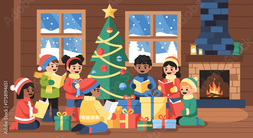 Children Singing Carols Around Christmas Tree and Gifts.