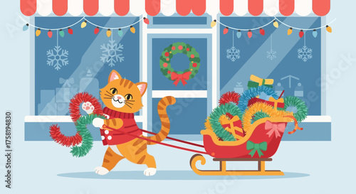 Orange Cat Pulling Sleigh with Christmas Decorations.