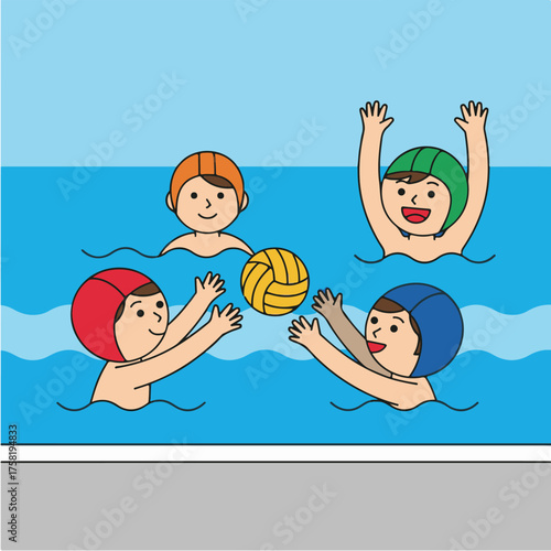 Four cartoon children in a pool wearing swim caps, playing water polo with a yellow ball.