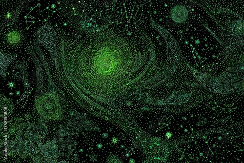 Psychedelic doodle illustration of zodiac constellation map, luminescent neon green color palette, digital glitch effect, experimental design