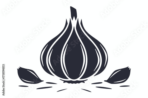 Black and white shows a whole garlic bulb and one garlic clove