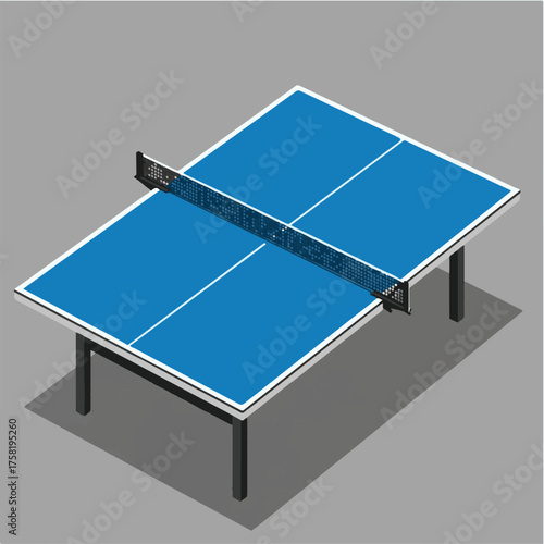 Isometric illustration of a blue ping pong table with a net, casting a shadow on a gray surface.