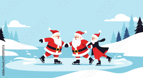 Three Santas Ice Skating Together in Winter.