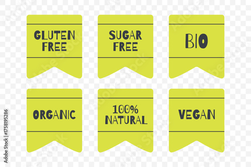 Gluten, Sugar Free, Organic, 100% natural, vegan, bio vector sign. Product sticker. Isolated label set. Symbol for labeling, healthy eating, diet
