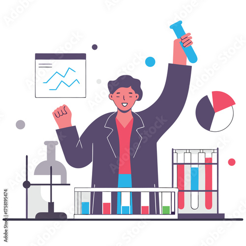 Scientist celebrating success in a lab holding a test tube vector illustration for scientific research and discovery