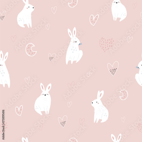 Cute White Bunny Seamless Pattern. Pink and Heart Background