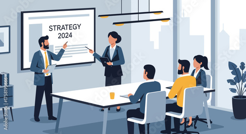 Business Team Discussing Strategy 2024 in Meeting Room.