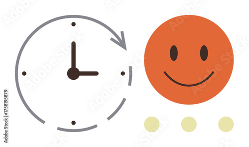 Clock with curved arrow symbolizes time flow next to smiling face and dots implying happiness, improvement, or scheduling. Ideal for productivity, time management, optimism, workflow, user feedback