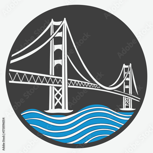 Vector art of stylized illustration of the golden gate bridge with waves below, set against a dark circular background