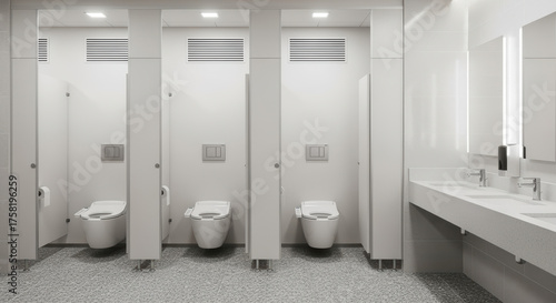 Modern public restroom interior with white toilet stalls, clean sinks, mirrors, and bright lighting in a commercial facility