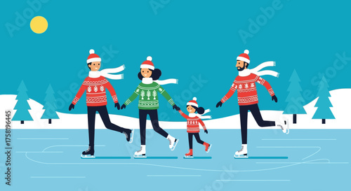 Family Ice Skating Together in Winter Season.