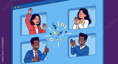 Online Meeting Celebration with Diverse Participants and Confetti.