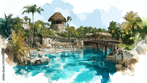 Xcaret Eco Park. Xcaret Eco Park hand drawn watercolor illustration
