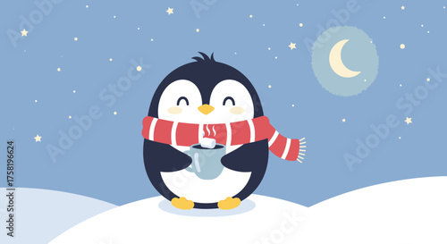 Cute Cartoon Penguin with Hot Drink and Scarf.