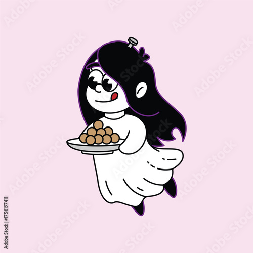 A charming cartoon ghost girl with long dark hair, wearing a white sheet, happily presents a plate of golden-brown food items. Kuntilanak Retro Mascot Character.