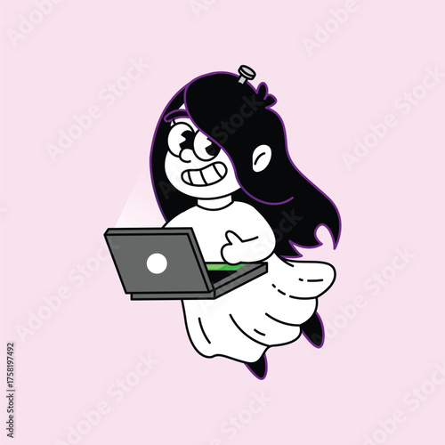 A charming cartoon illustration of a girl with a cheerful expression, wearing glasses and holding a laptop, depicted in a minimalist style on a soft pink backdrop. Kuntilanak Retro Mascot Character.