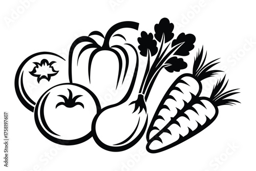 Black and white vegetables including tomatoes, eggplant, carrots, and celery are arranged together