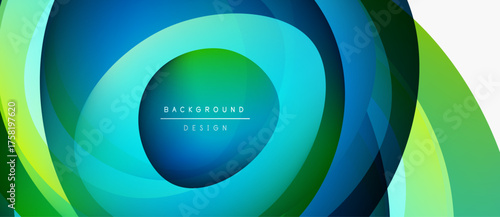 Abstract layers create vibrant circular design. Blue, green hues blend, forming dynamic visual effect. Modern background element.