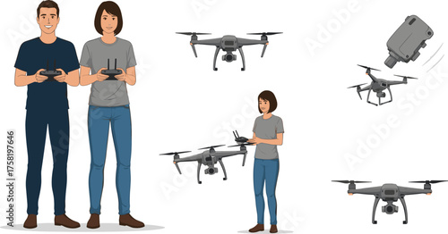 Cartoon People Operating Drones with Controllers, Hovering, Launching, and Flying Actions, Calm Mood, Multi-Scene Technology Series