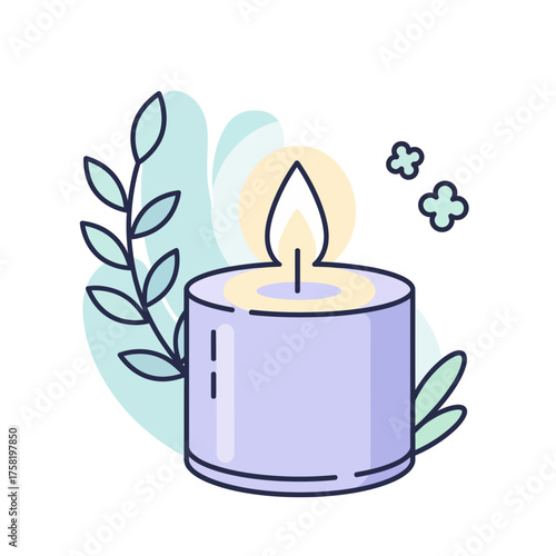 Aromatherapy candle with flame surrounded by green leaves and design  