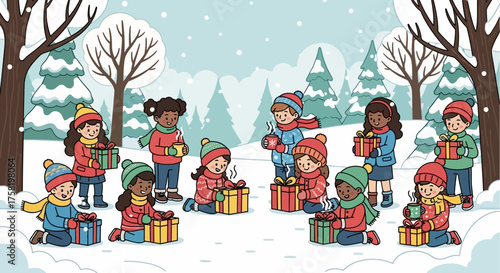 Children in Winter Scene with Gifts and Drinks.