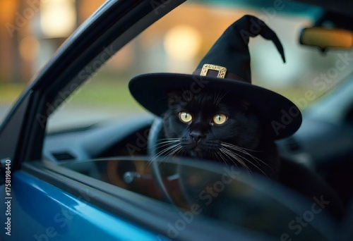 Black cat in a witch hat with golden paw prints, playfully posed behind a car steering wheel—whimsical, festive, and Halloween-themed with a humorous twist.