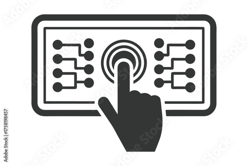 Black hand activates the control panel with network node connections visible within the frame