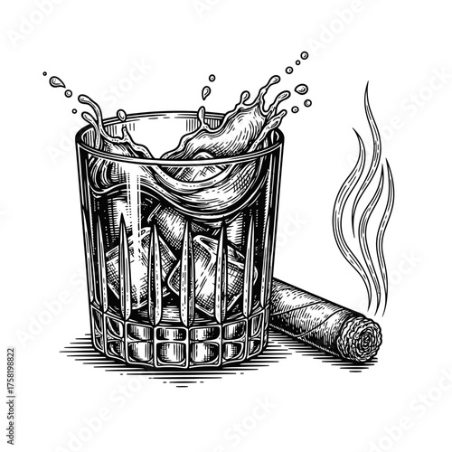Whiskey Glass with Ice Splashing and Cigar  in vintage engraving style. Sketch hand drawn vector illustration
