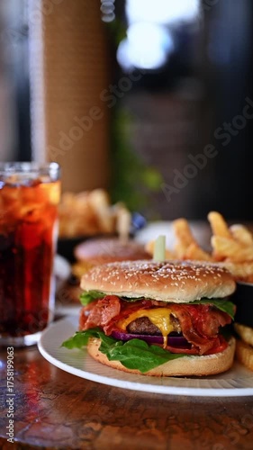 Cheeseburger with cola and fries on wooden table. Juicy bacon cheeseburger with lettuce, fries, and glass of cola served in restaurant.