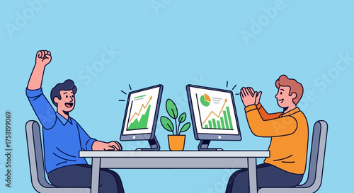 Two Businessmen Celebrating Success with Computer Graphs.