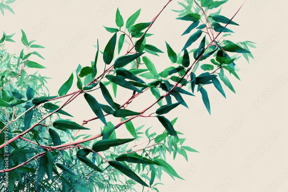 Obraz premium Eucalyptus Branches Against Soft White Sky - Serene Botanical Beauty.