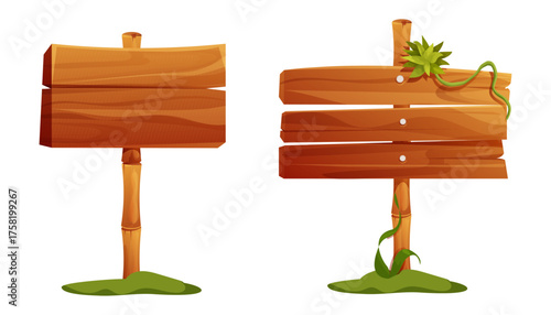Wooden jungle set forest signposts grass, empty board textured wood plank bamboo.Wood plank frame game signpost, farm garden or jungle pointing panel. Set menu ui design. Outdoor empty textured arrow