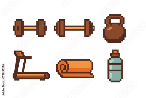 8-Bit Pixel Fitness Icons Set – Dumbbells, Gym Equipment, Workout Symbols