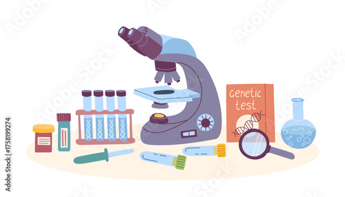 Flat vector illustration of genetic laboratory tools and supplies. Concept of genetic testing, biotechnology, DNA research.