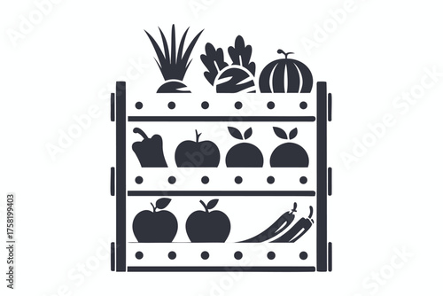 Black silhouette shows vegetables and fruits arranged neatly inside a wooden tiered storage