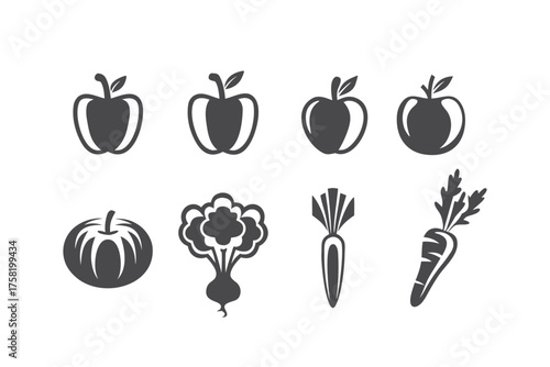 Black simple icon set featuring various types of fruits and vegetables including apple, carrot, beetroot