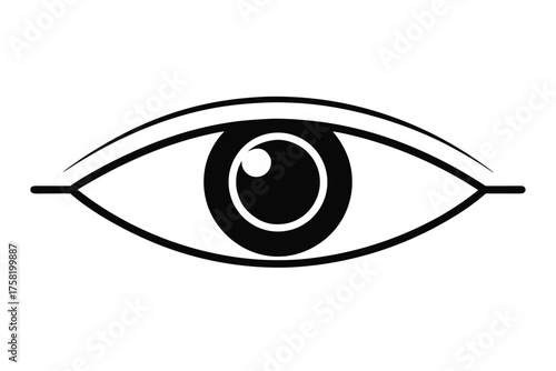 Bold black eye stares with abstract lashes and a monochrome pupil on white