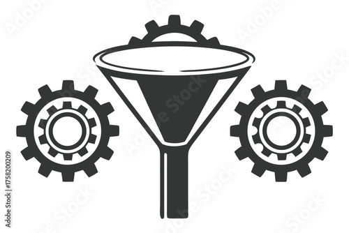 Central funnel with gears illustrates a system driven by technological processing and refinement
