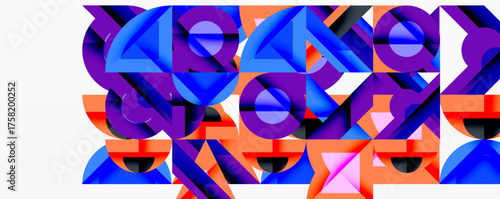 Abstract geometric shapes overlap, creating vibrant colorful composition. Bold lines, angles define modern design aesthetic.