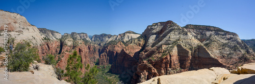 Panorama of Zion National Park, Utah, from Angel's Landing, View of the main climbing trail, Summer 2025