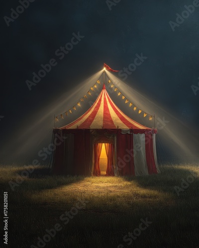 Solitary Spectacle - A Luminous Circus Tent Under Dramatic Beams of Night Light.