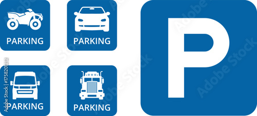Parking sign. Blue square Car parking icon with white letter P, car parking area sign. Car, bus, trolleybus, truck, bike, motorbike, scooter parking icon. linear sign isolated Vector