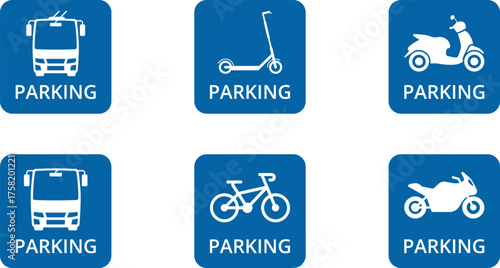 Parking sign. Blue square Car parking icon with white letter P, car parking area sign. Car, bus, trolleybus, truck, bike, motorbike, scooter parking icon. linear sign isolated Vector