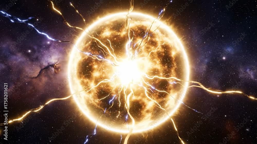 A glowing celestial orb emits golden energy strands, against a star-filled cosmic backdrop