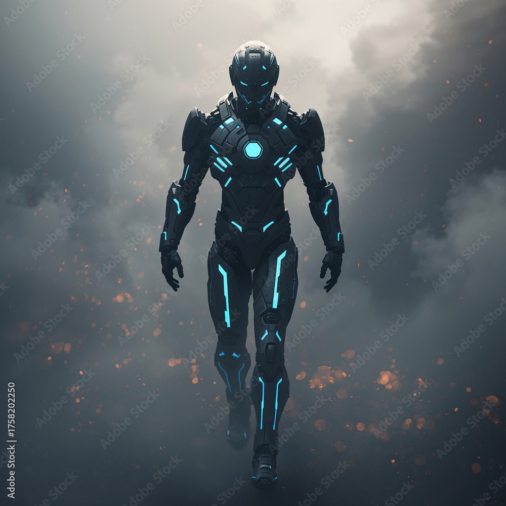 Fototapeta premium AI Exosuit Warrior Emerging from Smoke – Futuristic Cinematic Battle Scene