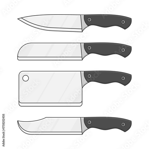 Various Types of Kitchen Knives with Sharp Stainless Steel Blades and Black Handles Vector Cartoon Style. Suitable for Cooking, Culinary Tools, Food Preparation, and Kitchen Equipment.