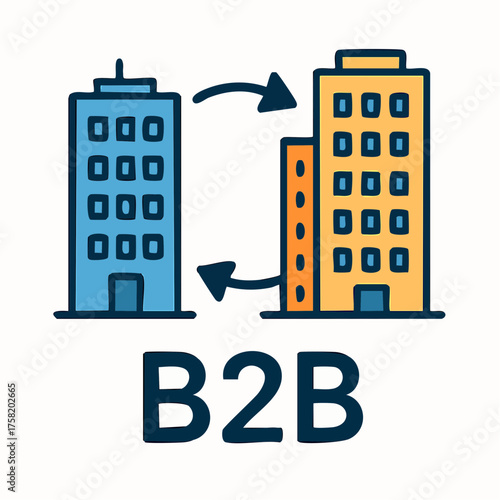 Two buildings connected by arrows illustrate business to business concept