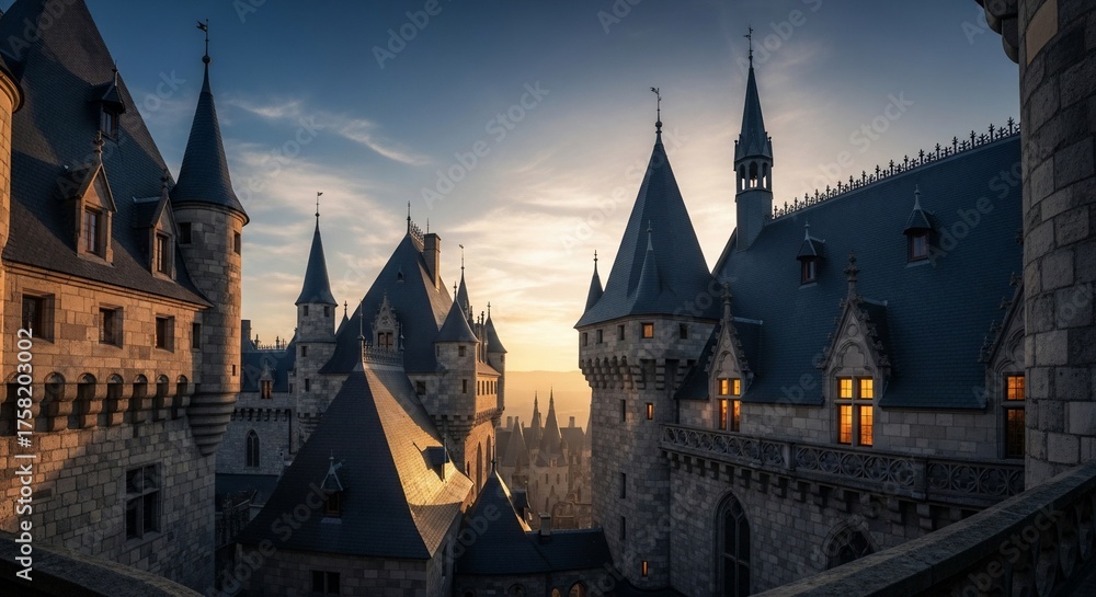 Fototapeta premium Majestic medieval castle with towering spires against a dramatic sunset sky.